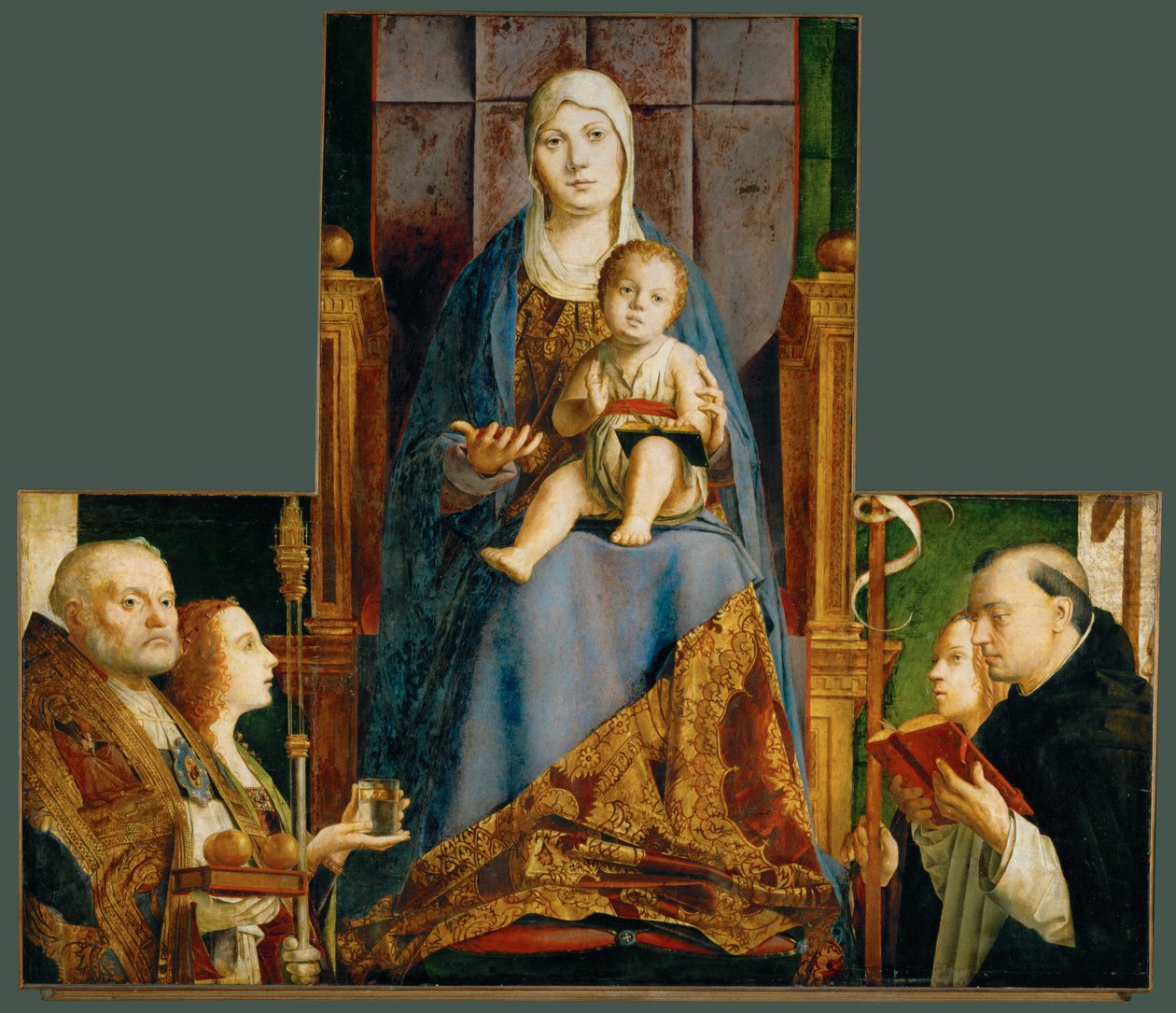 Heliga Maria med barn och heliga Nikolaus av Bari, Anastasia, Ursula, Dominicus och Helena av Antonello da Messina