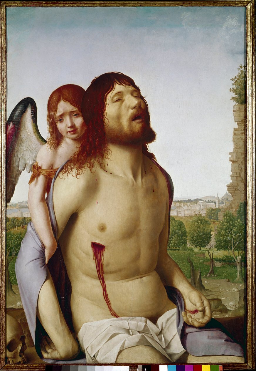 Den döde Kristus stödd av en ängel. (olja på panelen av Antonello da Messina