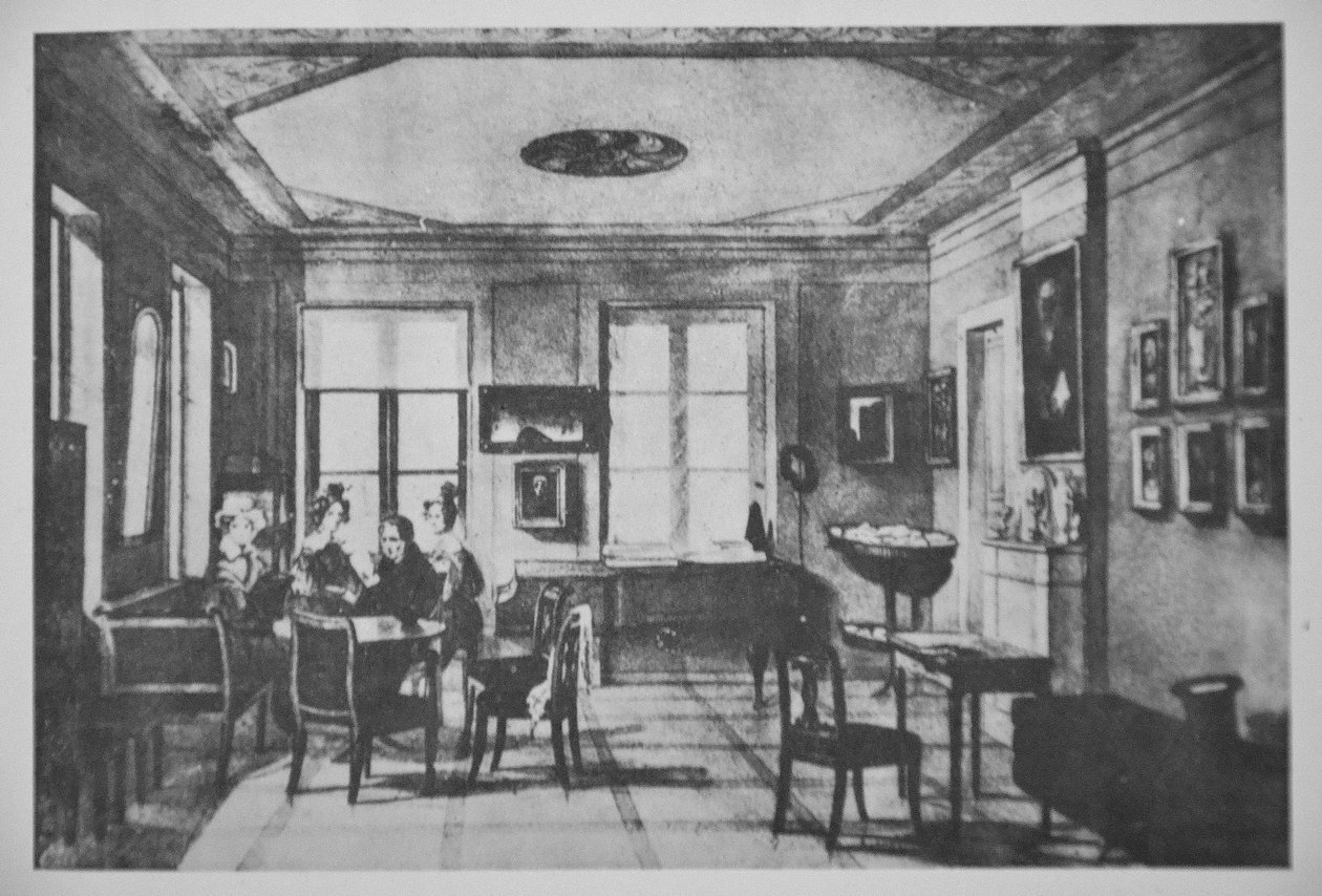 Ett rum i lägenheten för familjen Chopin på Krakowskie Przedmieście Street av Antoni Kolberg