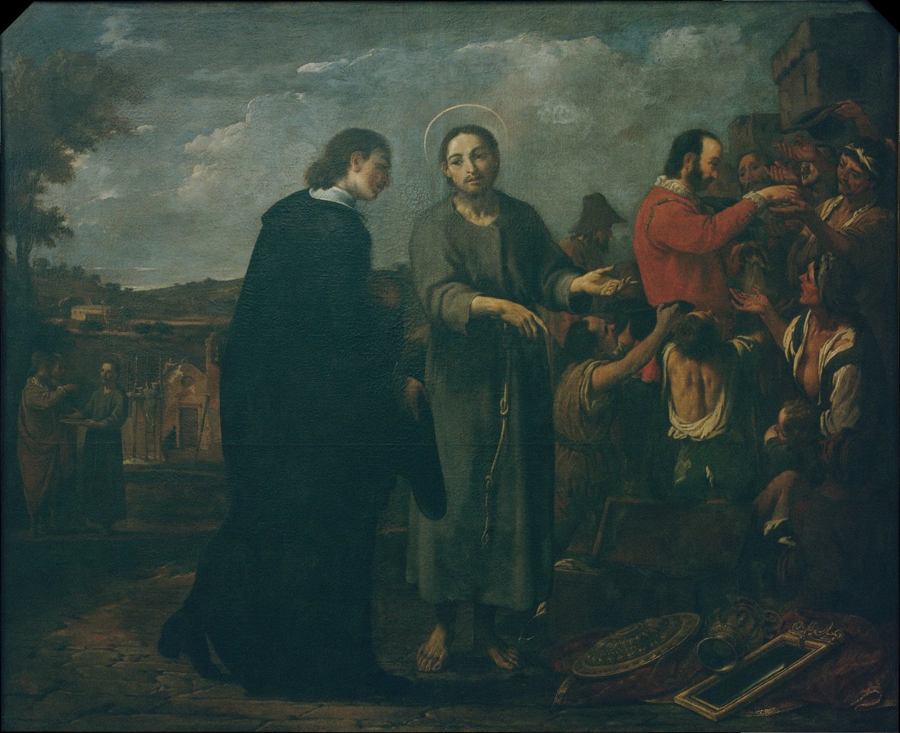 Bernat de Quintaval distributes his riches to the poor av Antoni Viladomat Y Manalt