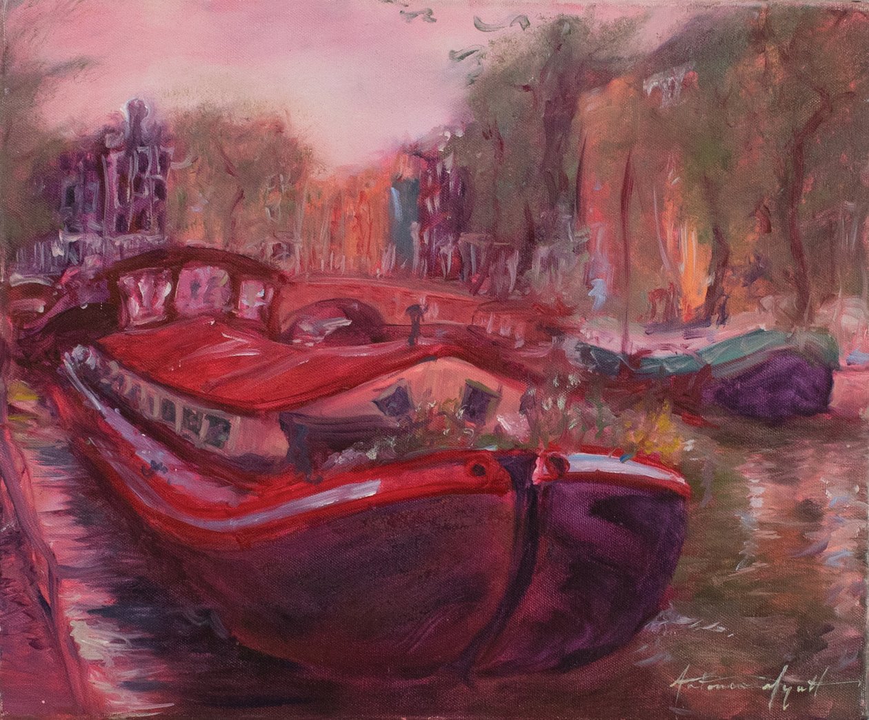 Amsterdam pråm, ca 2006 (olja på duk) av Antonia Myatt