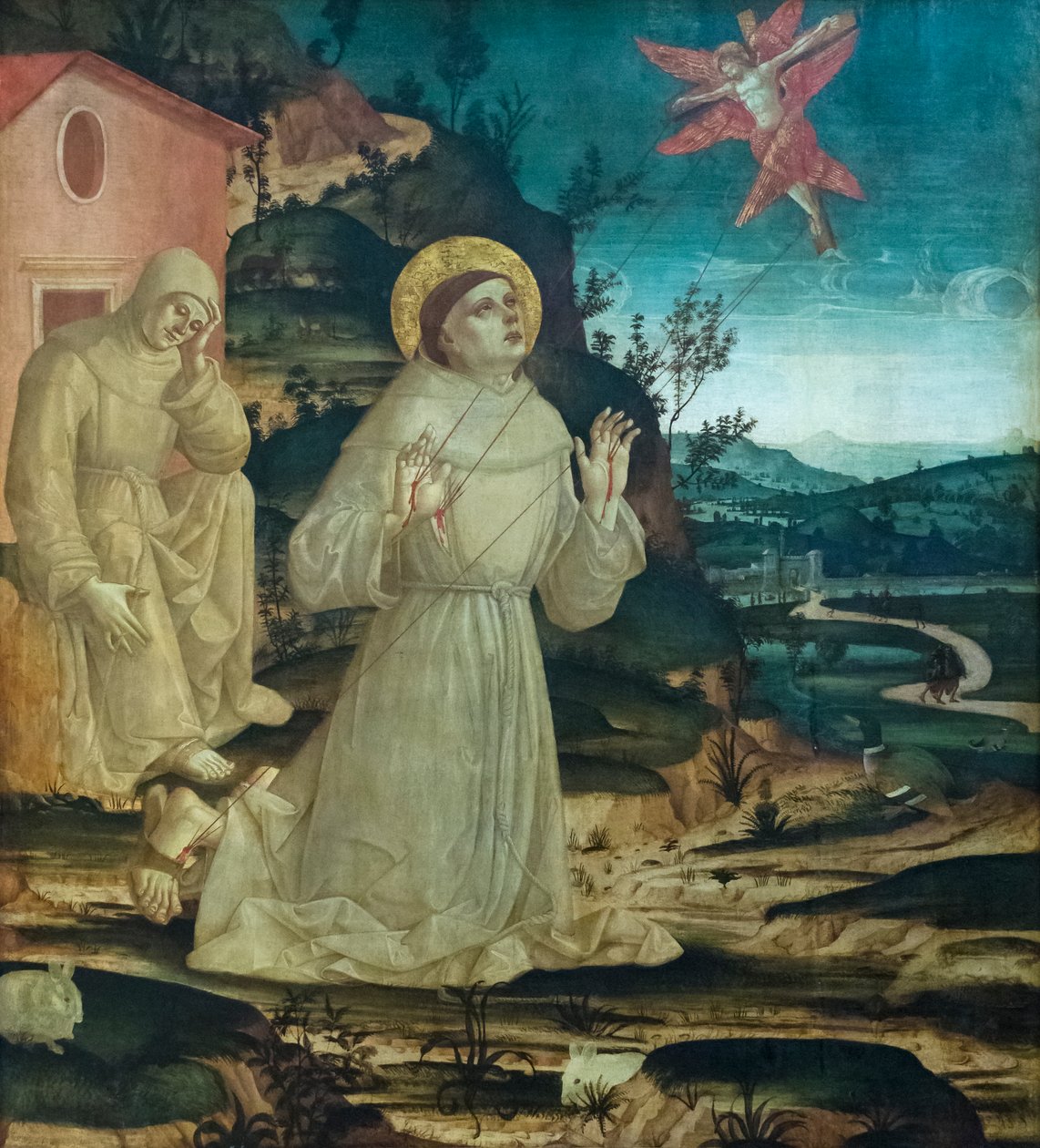 St Francis av Assisi tar emot stigmata (tempera på träpanel) av Antoniazzo (workshop of) Romano