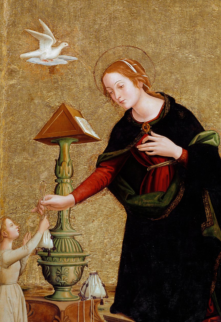 Detalj av Jungfrun, från bebådelsen med kardinal Juan de Torquemada (målning, ca 1460) av Antoniazzo Romano