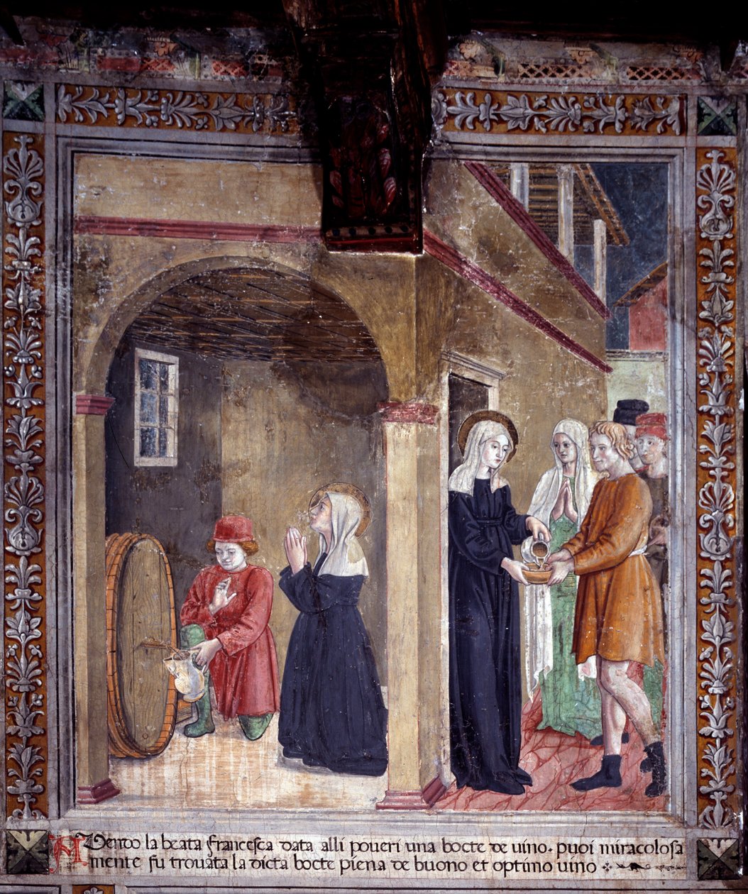 Life of St. Francesca Romana : Ett fat vin som helgonet använde för de fattiga hittas mirakulöst fullt (Fresco av Antoniazzo Romano