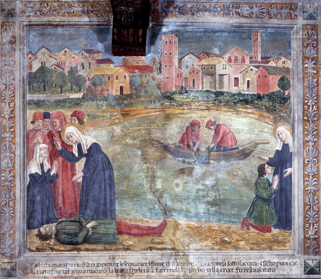 Life of St. Francesca Romana : En man har uppstått av helgonet efter att ha drunknat i Tibern (Fresco av Antoniazzo Romano