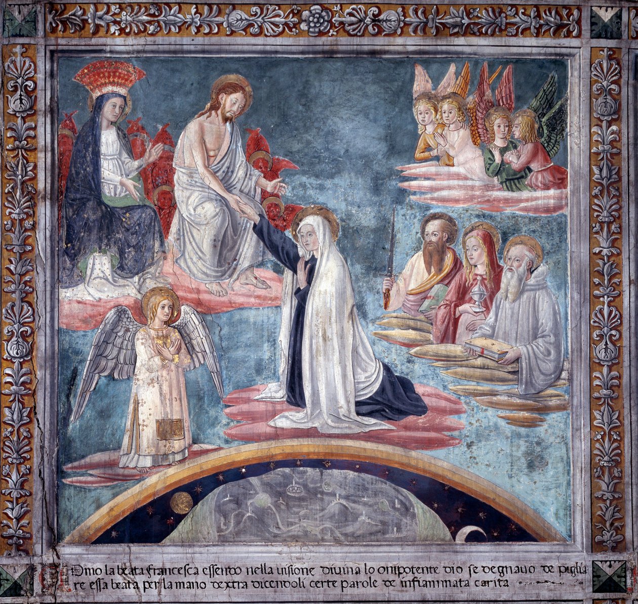 Life of St. Francesca Romana : Under en extas tar den gudomliga återlösaren Francesca i höger hand (Fresco av Antoniazzo Romano