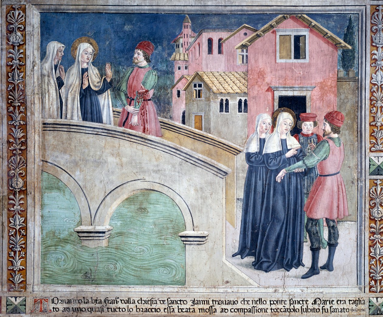 Livet av St Francesca Romana: När hon återvänder till St John Lateran, helar helgonet en man med en avskuren arm (Fresco av Antoniazzo Romano
