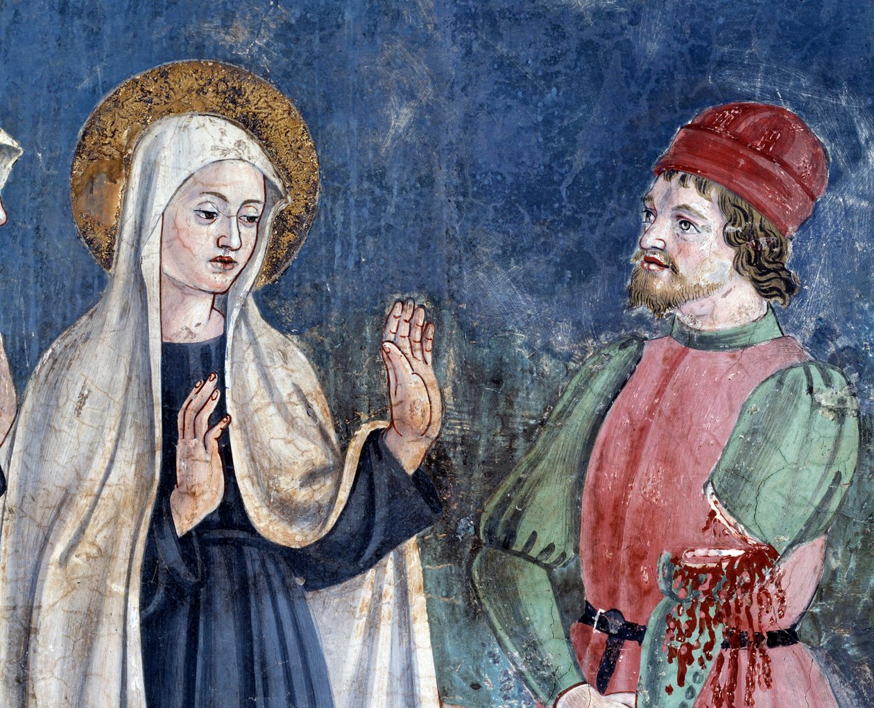 Life of St Francesca Romana: När hon återvänder till St John Lateran, helar helgonet en man med en avskuren arm, detalj (Fresco av Antoniazzo Romano
