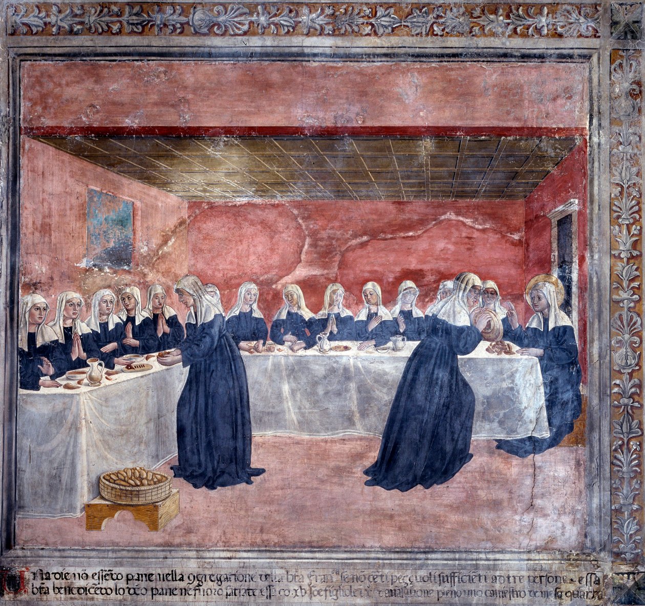St. Francesca Romanas liv: En dag fanns det inte tillräckligt med bröd för gemenskapen, Francesca tog upp resterna, välsignade dem, och det fanns mycket att mata de femton som hade blivit kvar (Fresco av Antoniazzo Romano