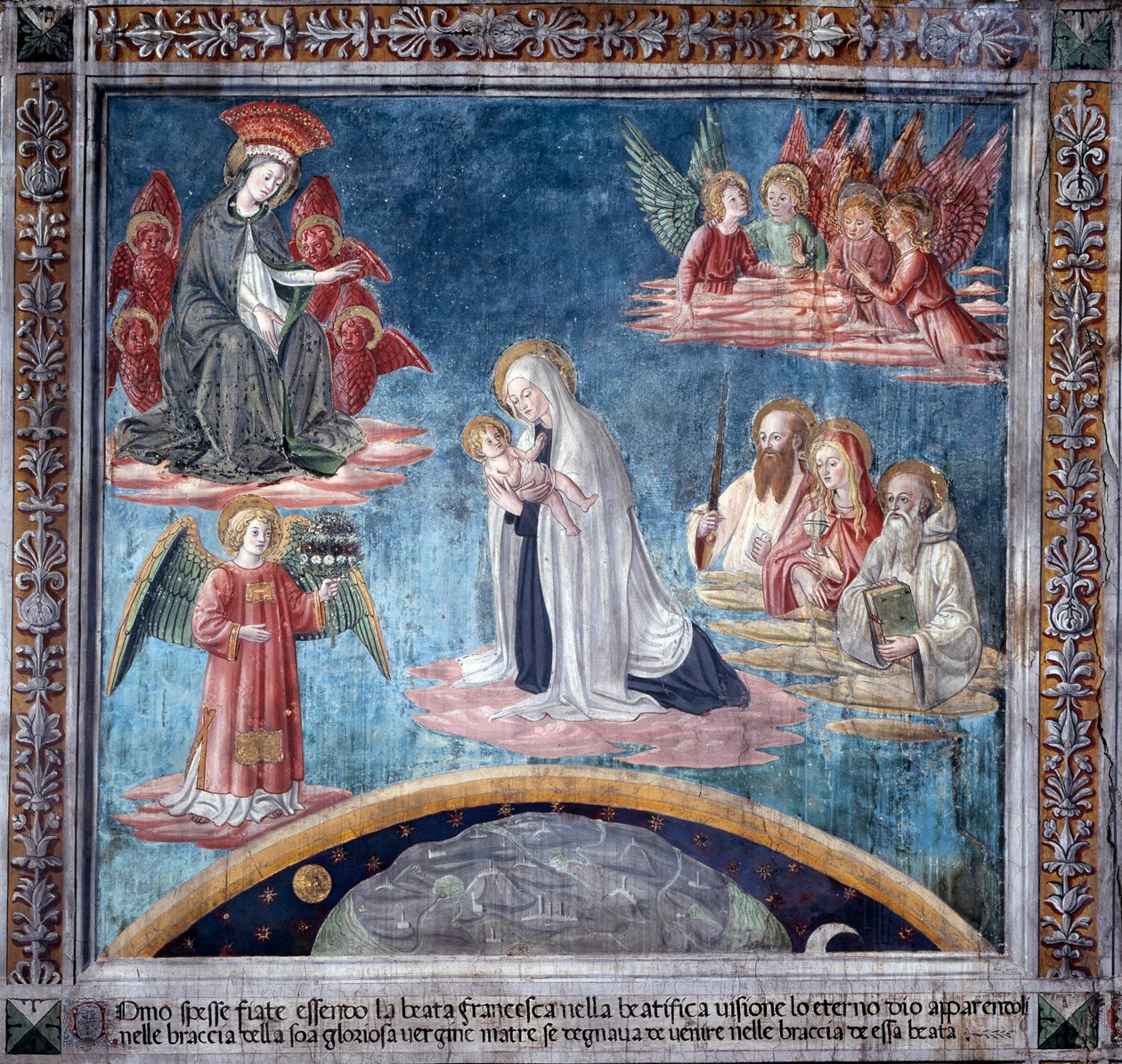 St. Francesca Romanas liv: Francesca tog flera gånger i extas emot det heliga barnet från Jungfrun (fresco) av Antoniazzo Romano