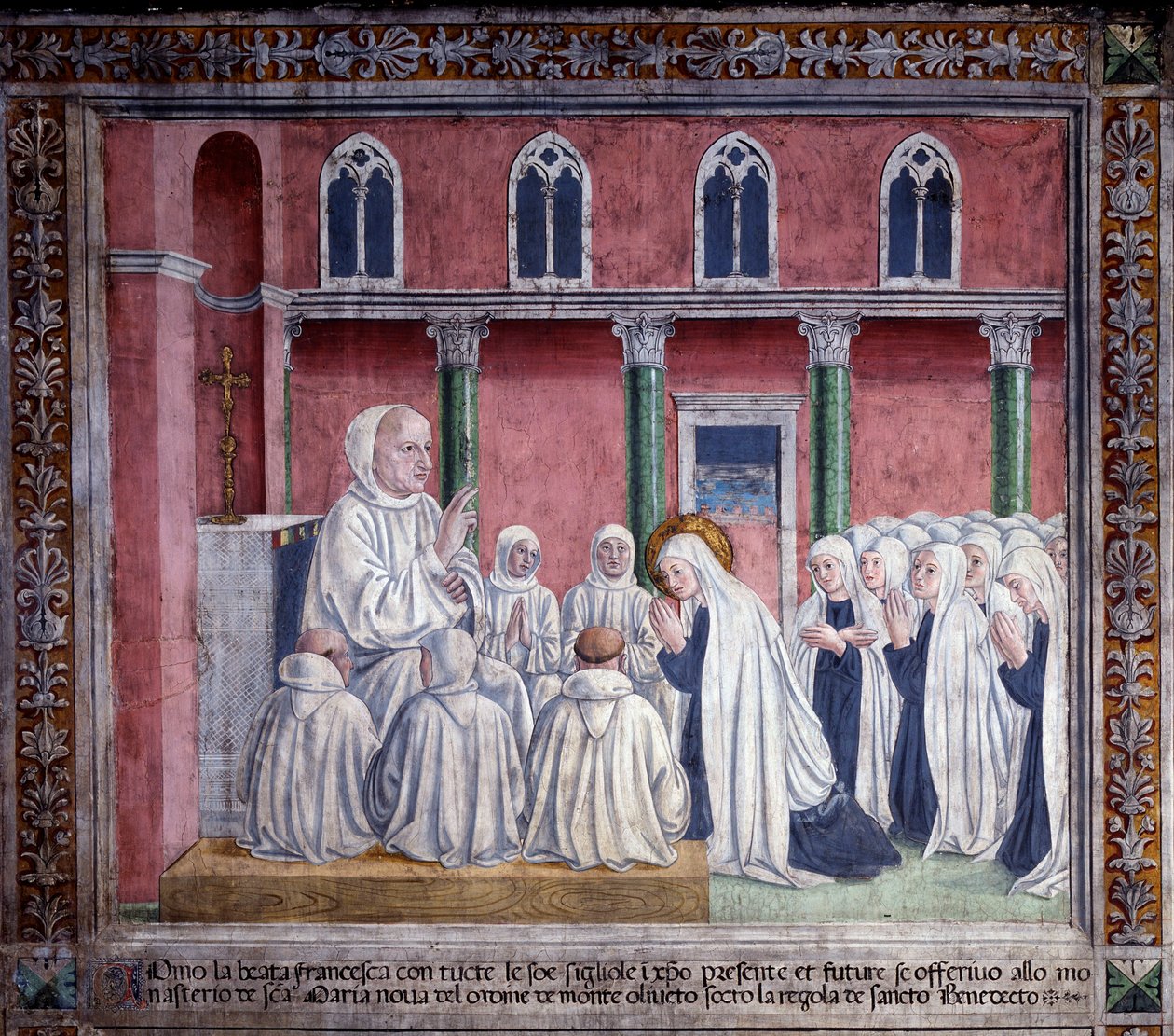 St. Francesca Romanas liv : Helgonet och oblaterna erbjuder sig till benediktinerorden och bosätter sig i kyrkan Santa Maria Nova, Rom (Fresco) av Antoniazzo Romano