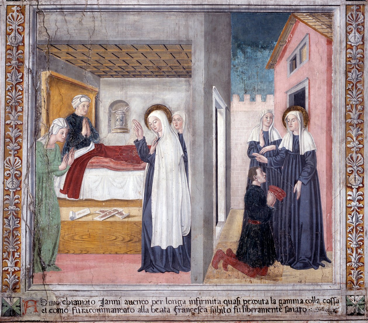 S:ta Francesca Romanas liv: Helgonet helar en man som tappade sitt ben (Fresco av Antoniazzo Romano