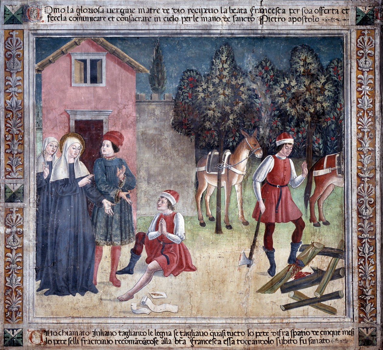 Life of St. Francesca Romana : Helgonet helar en man med den skadade foten (Fresco av Antoniazzo Romano