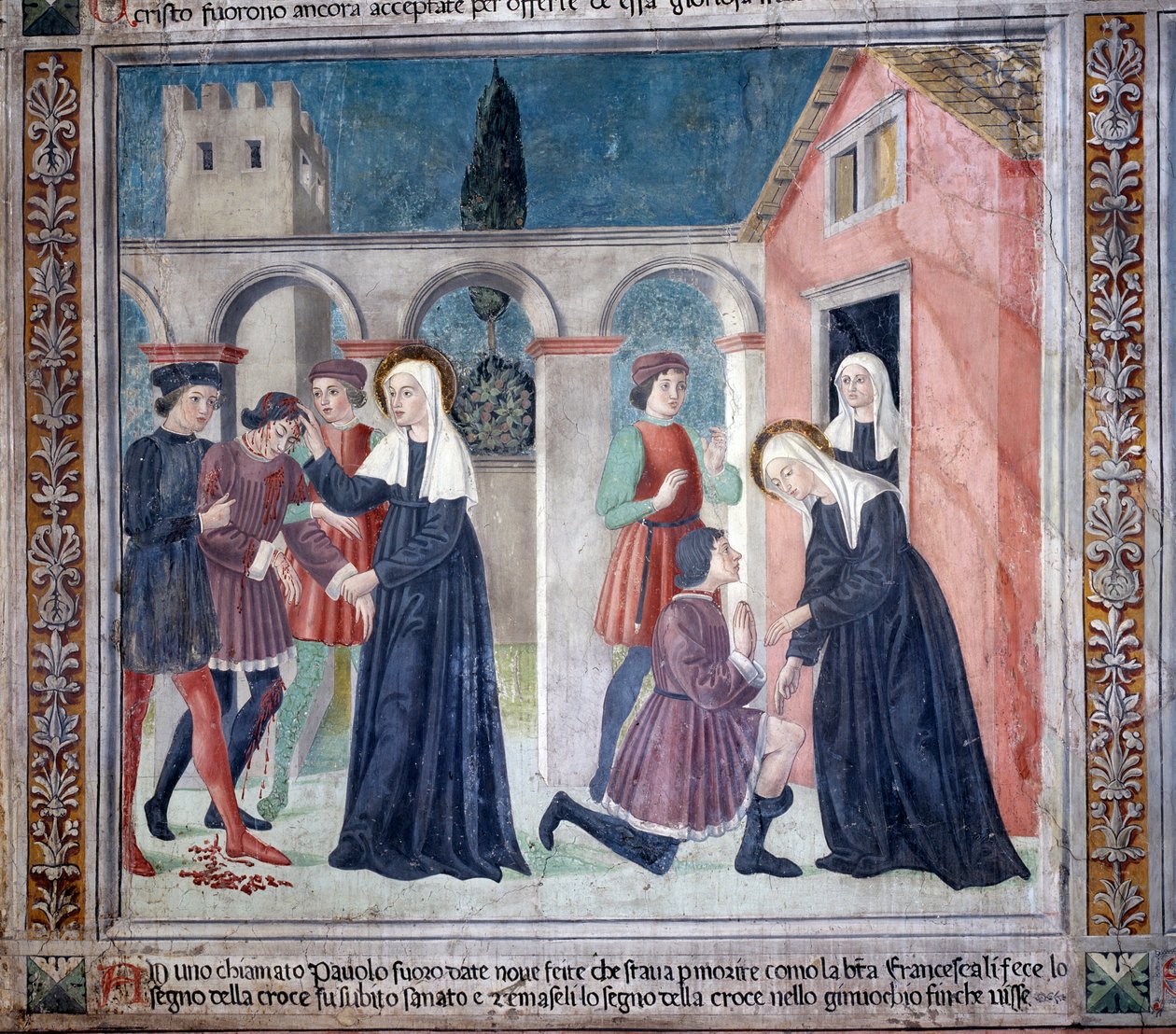 S:ta Francesca Romanas liv: Helgonet helar en sårad man (Fresco av Antoniazzo Romano