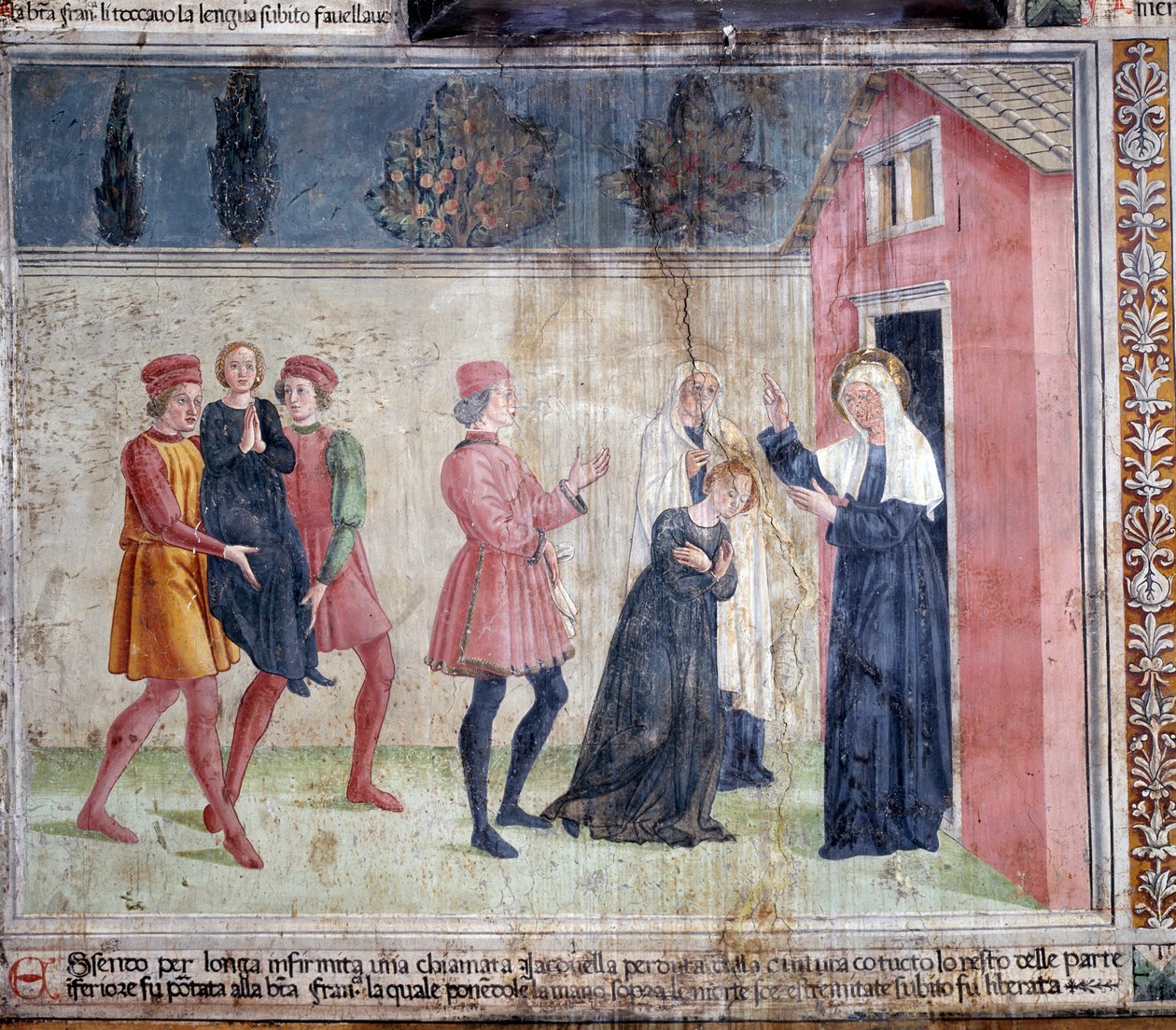 Life of St. Francesca Romana : Helgonet möter en förlamad kvinna som heter Jacobella och lovar att hela henne (Fresco av Antoniazzo Romano