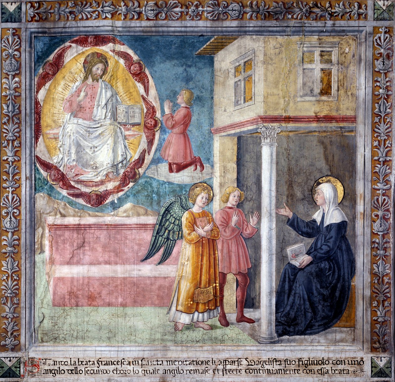 S:ta Francesca Romanas liv: Helgonets son, dödad av böldpesten visar sig för henne med en ängel (fresko av Antoniazzo Romano