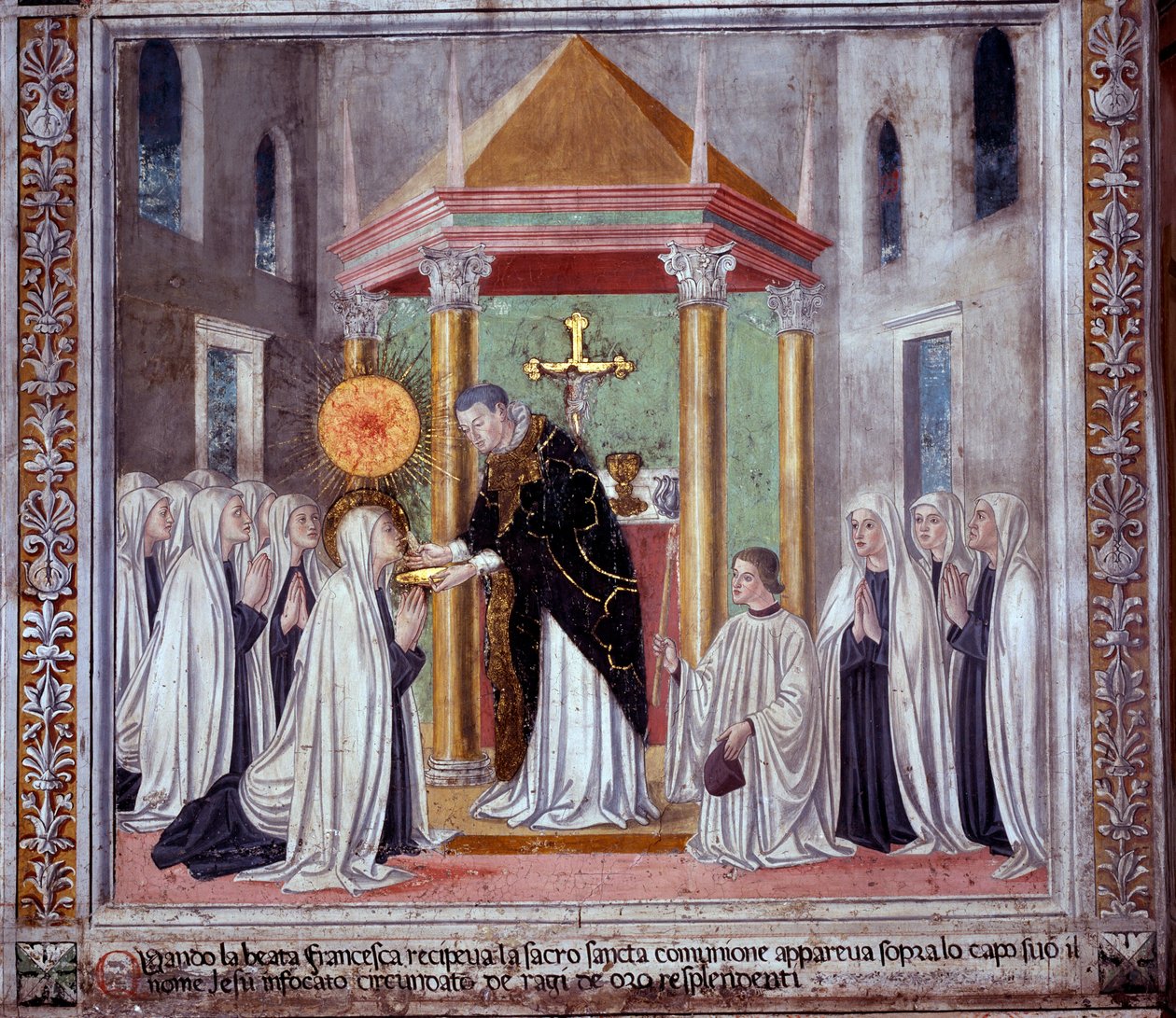 St. Francesca Romanas liv: När helgonet tog emot nattvarden dök en lysande klot upp ovanför henne (freskomålning) av Antoniazzo Romano