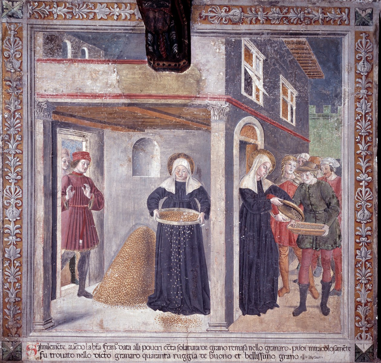 St. Francesca Romanas liv: under en allvarlig hungersnöd 1402 ger Francesca all sin säd till de fattiga (Fresco av Antoniazzo Romano