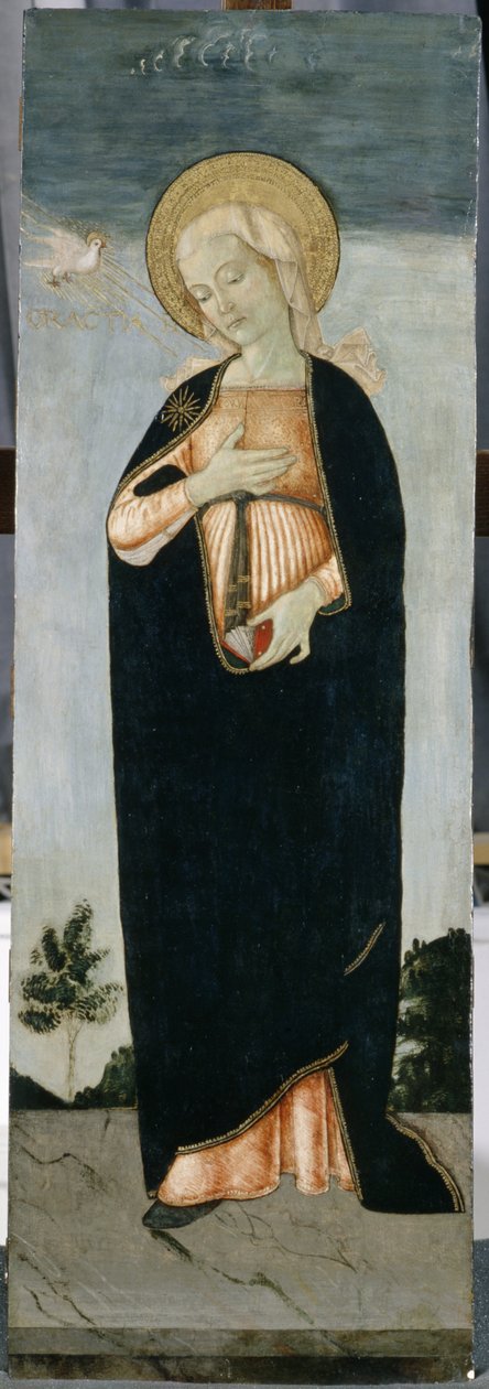 Maria vid bebådelsen, ca 1500 (tempera på poppelträ) av Antoniazzo Romano