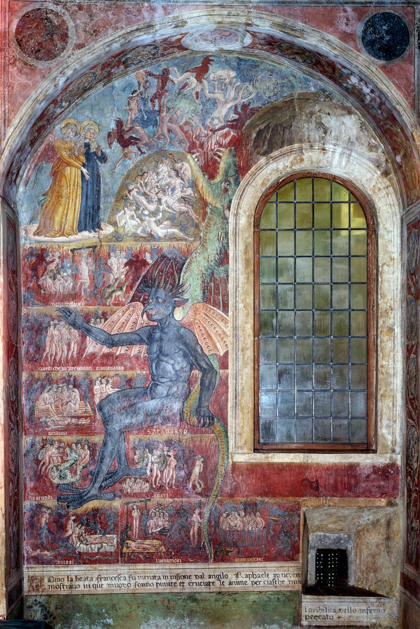 Representation av helvetet, djävulen sitter bland de olika cirklarna av jävlar (Fresco av Antoniazzo Romano