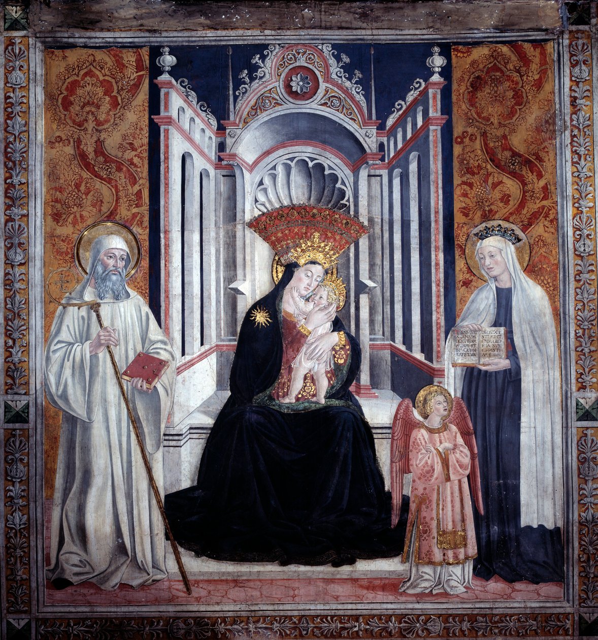 Jungfru mellan St. Benedict och St Francesca Romana (Fresco av Antoniazzo Romano