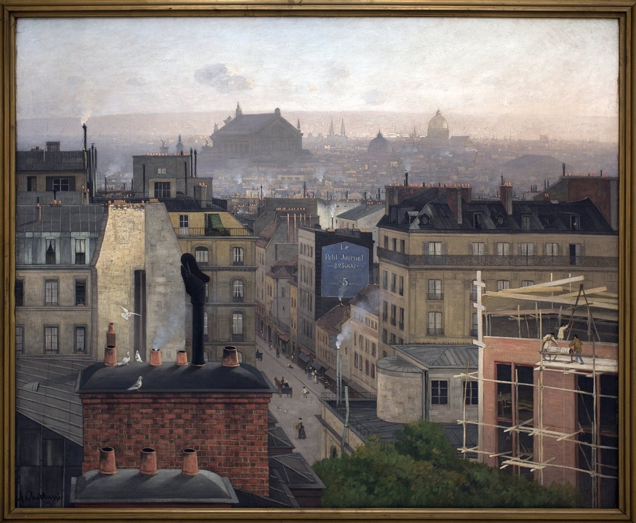 Paris sett från Montmartre. På väggen i en av byggnaderna, en annons för "Den lilla tidningen". Målning av Antonin Chitussi (Chittussi) (1847-1891), olja på duk av Antonin Chittussi