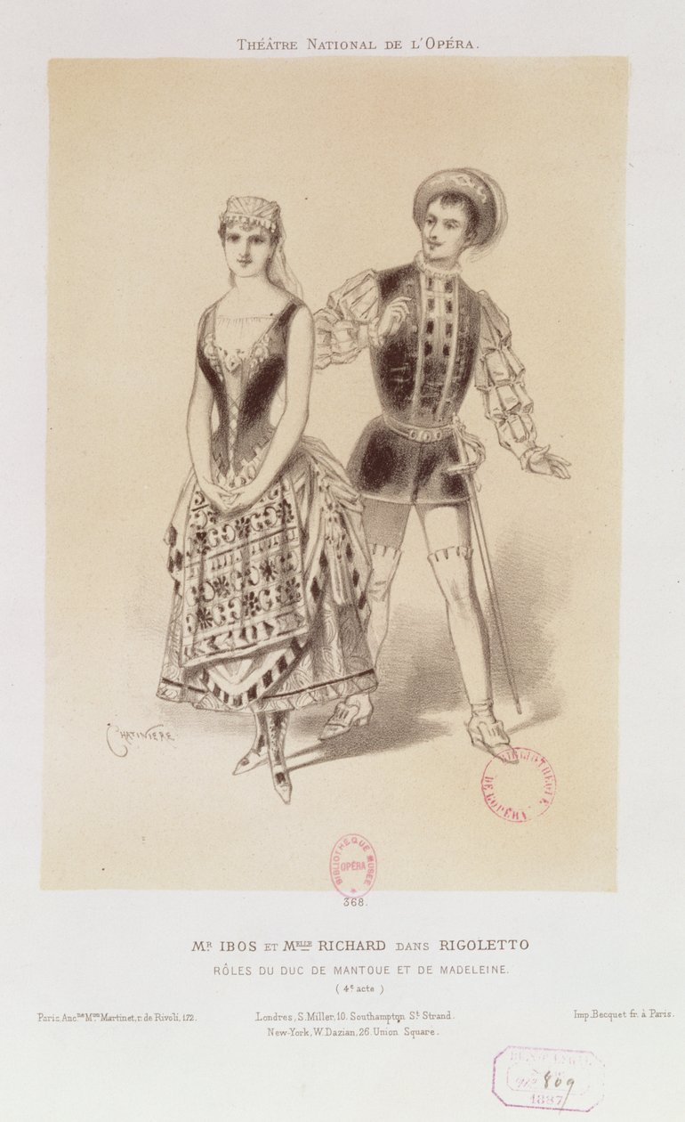 Herr Ibos och fröken Richard som hertigen av Mantua och Magdalen i Rigoletto av Verdi, 1885 av Antonin Marie Chatiniere