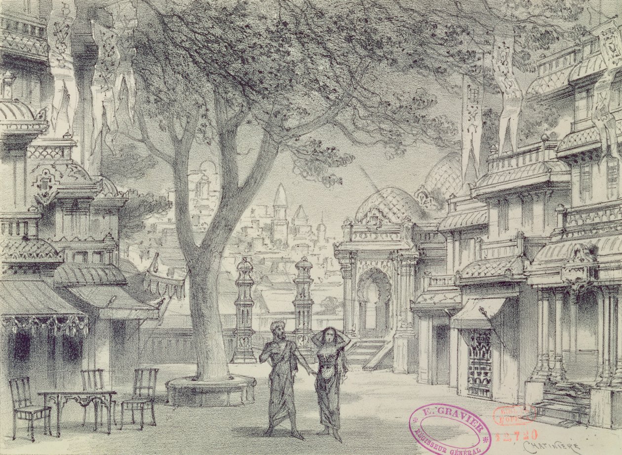 Scenografi för akt II av operan Lakme, av Leo Delibes (1836-91) av Antonin Marie Chatiniere