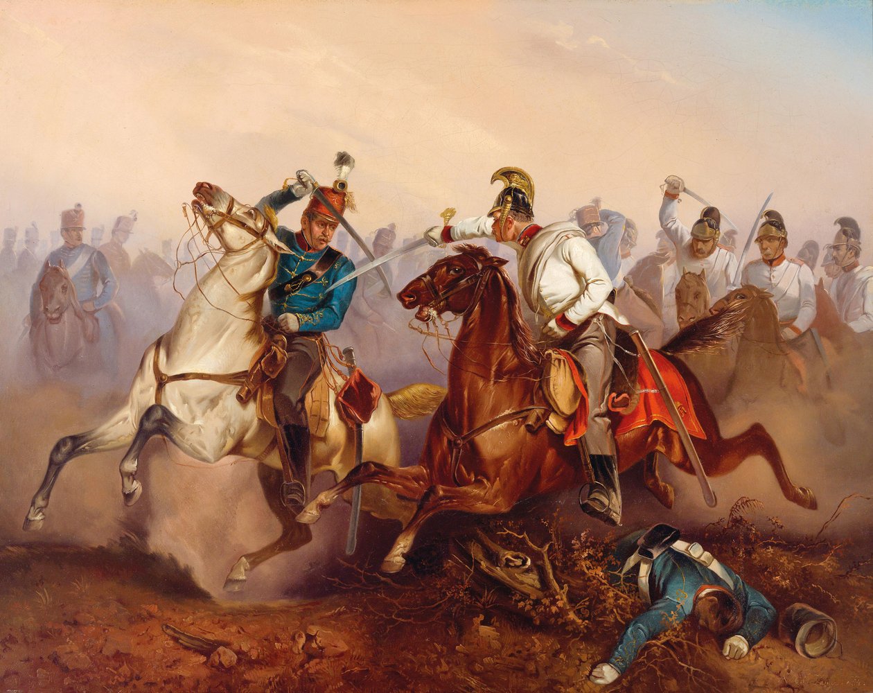 Strid mellan kejserliga österrikiska dragoner och ungerska Honvéd-husarer … Ungern 1849, 1854. av Antonin Zimmer