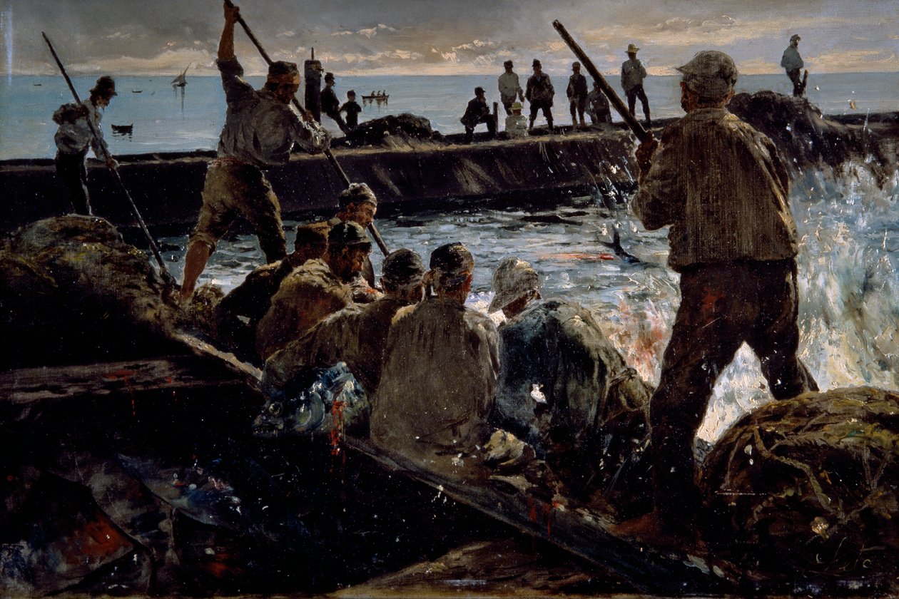 Slakt av tonfisk, målning av Antonino Leto (1844-1913), olja på duk, 41x62 cm av Antonino Leto