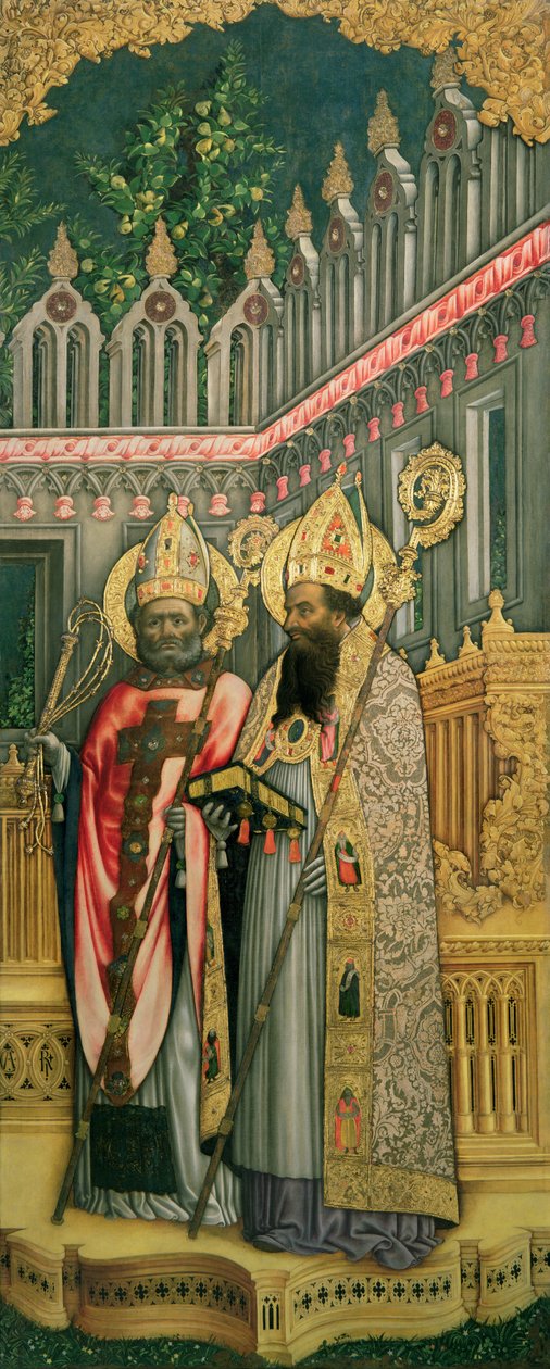 St. Ambrosius och St. Augustinus, högra panelen från Jungfrun som tronades med de heliga Jerome, Gregorius, Ambrosius och Augustinus, 1446 (efter restaurering) (se 160893-99) av Antonio Vivarini