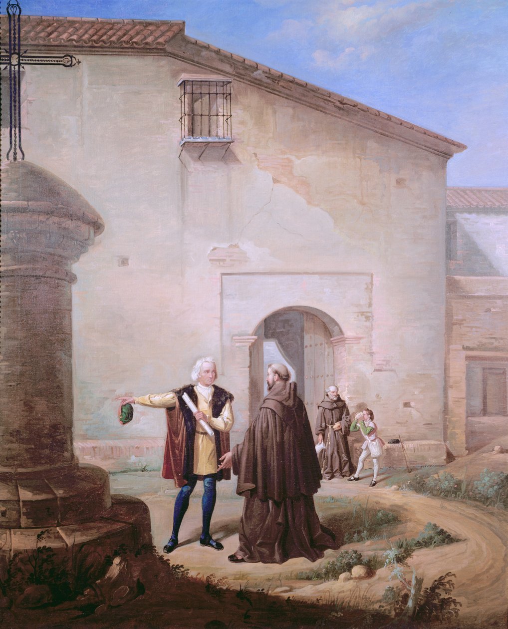 Franciskanerna i Santa Maria de la Rabida-klostret ger bröd och vatten till Christopher Columbus och hans son Diego, 1858 av Antonio Cabral Bejarano