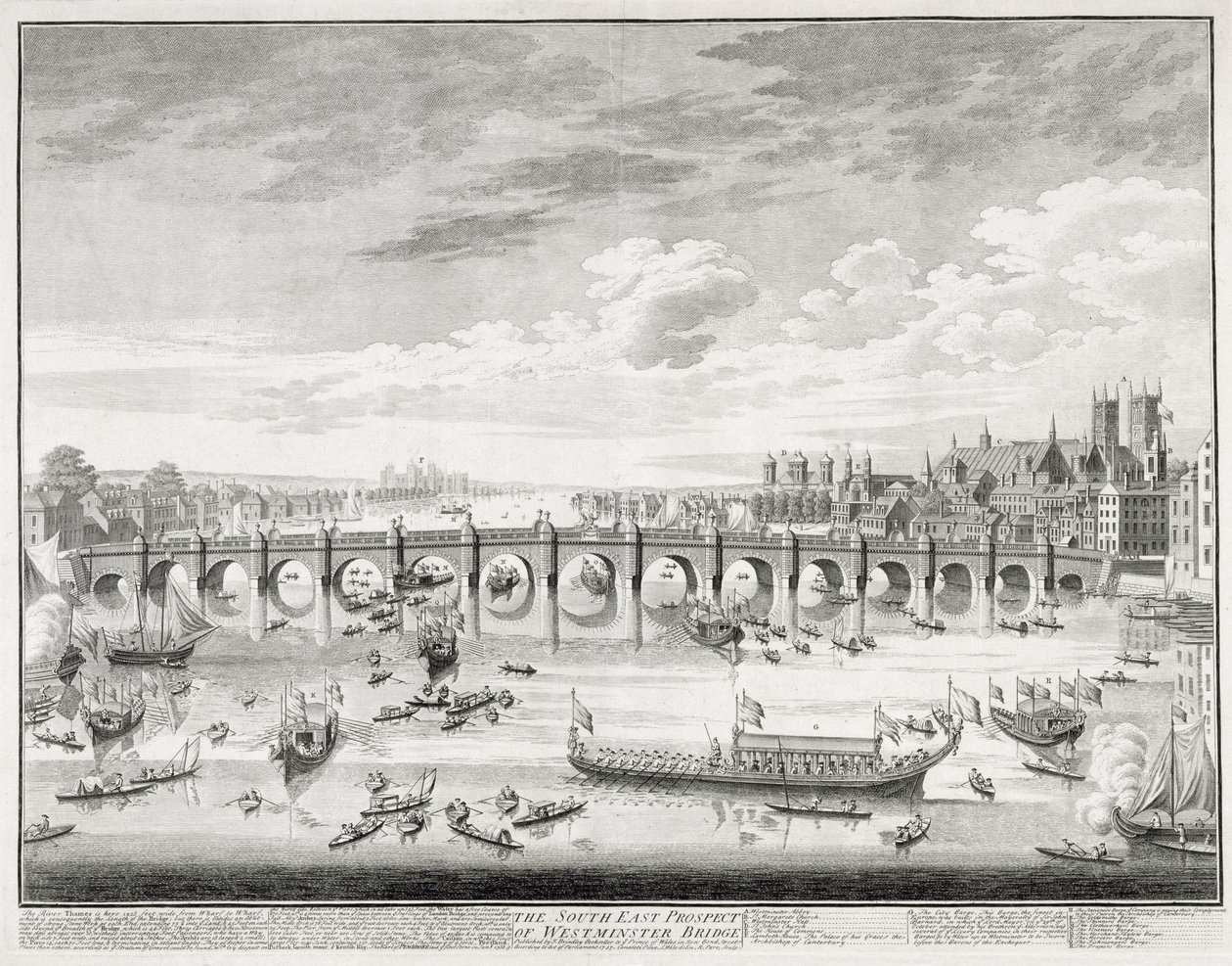 Det sydöstra perspektivet av Westminster Bridge - båtar som anländer till parlamentet för att svära in Sir John Barnard (1685-1764) som borgmästare för Londons stad, 1747, graverad av R. Parr (1723-p. av Giovanni Antonio Canal