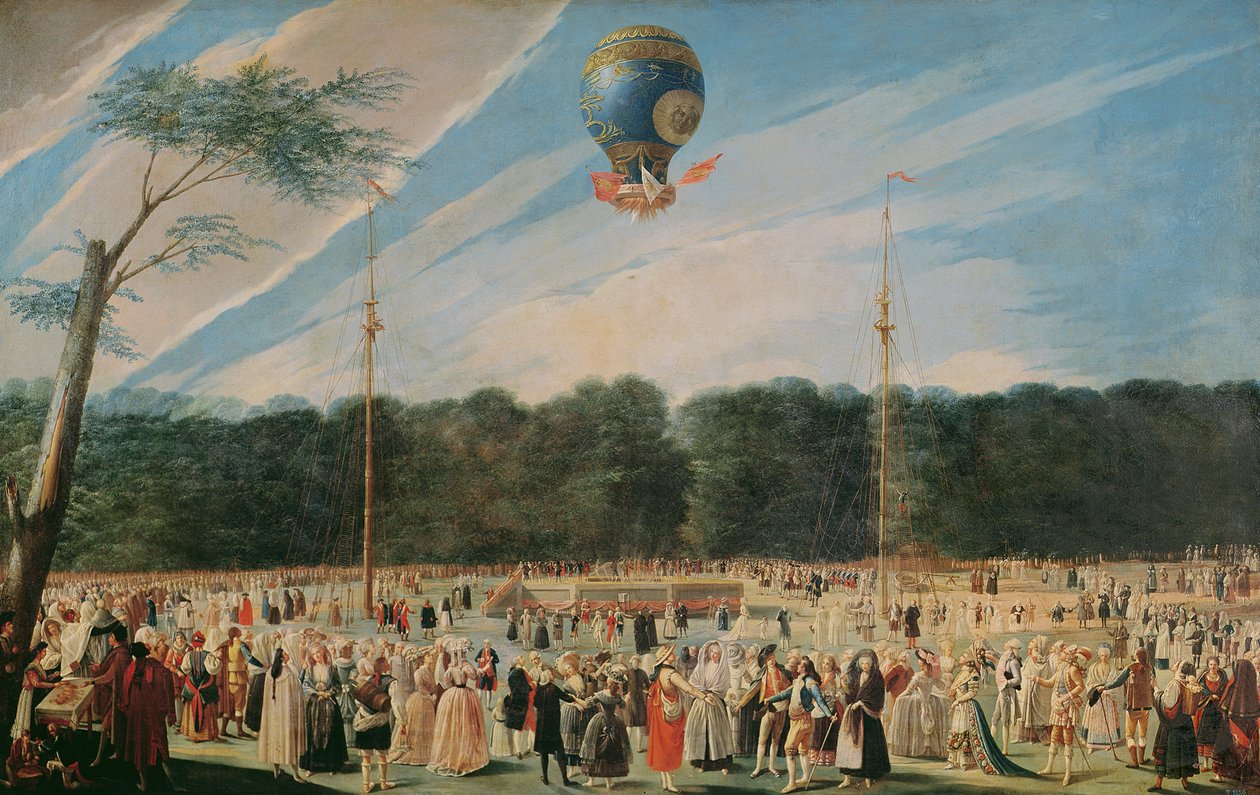 Bestigningen af Montgolfier-ballonen ved Aranjuez, ca. 1764 swed av Antonio Carnicero
