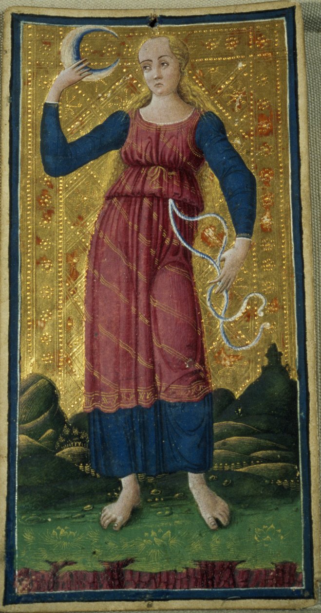 Månen, tarotkort, ca 1490, (gouache och förgylld på kort) av Antonio Cicognara
