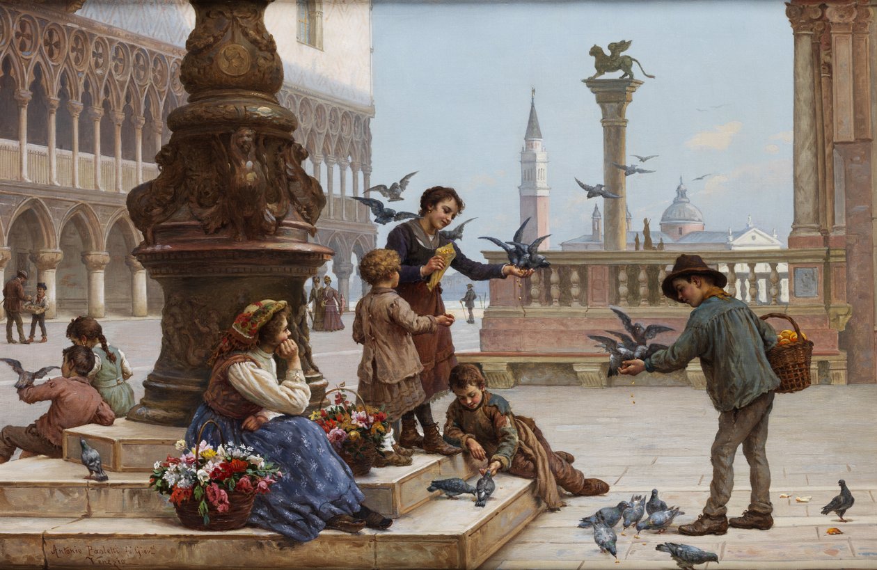 Barn som matar duvor i Venedig av Antonio Ermolao Paoletti
