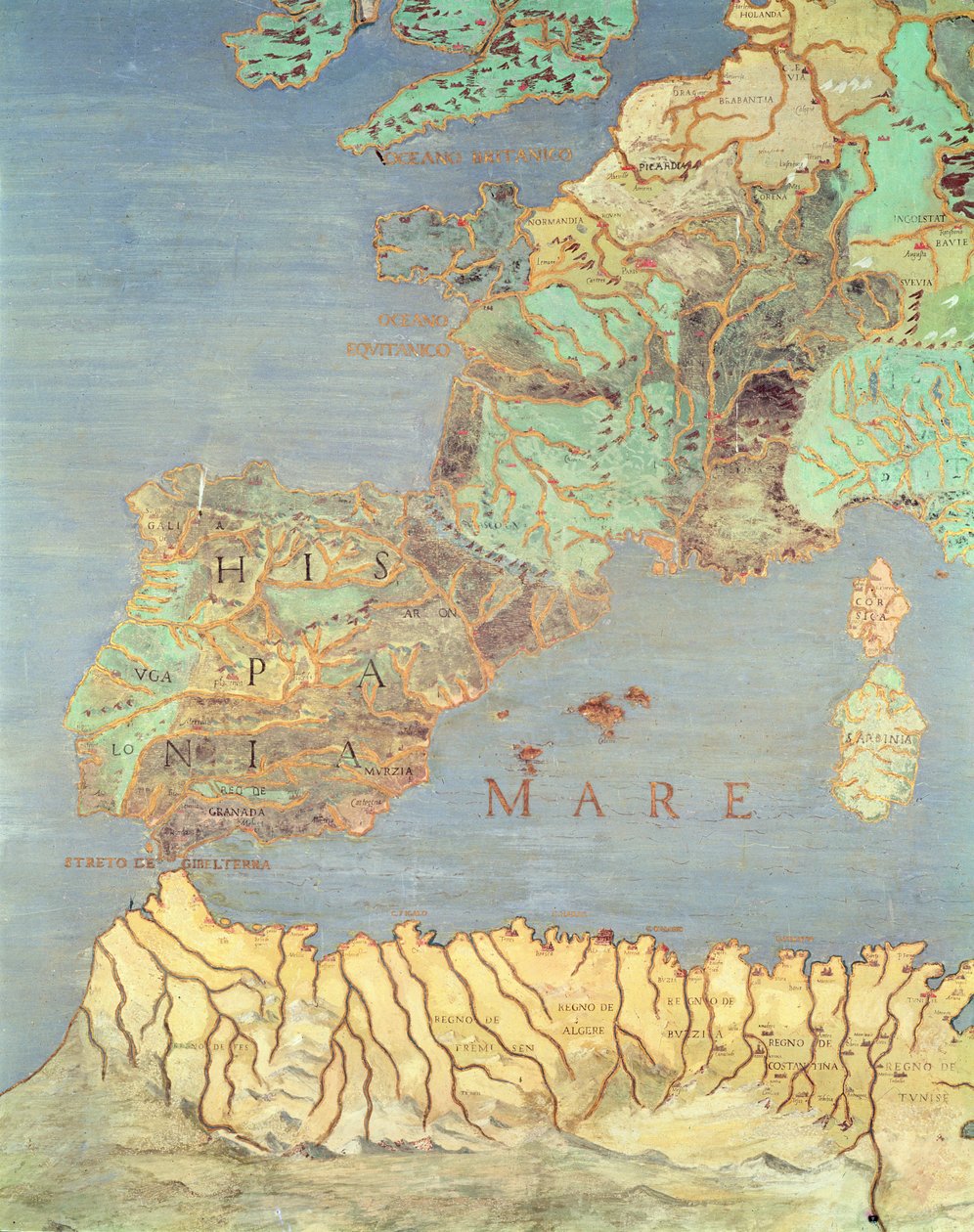 Karta över Frankrike, Spanien och nordvästra Afrika, från "Sala Del Mappamondo" (Hall of the World Maps) av Antonio Giovanni de Varese