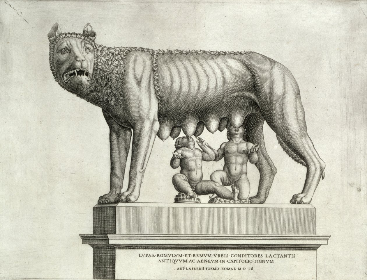Ritning av den etruskiska bronsen av hon-vargen som diar Romulus och Remus, 500-talet f.Kr., i Capitoline Museum, 1552 av Antonio Lafreri