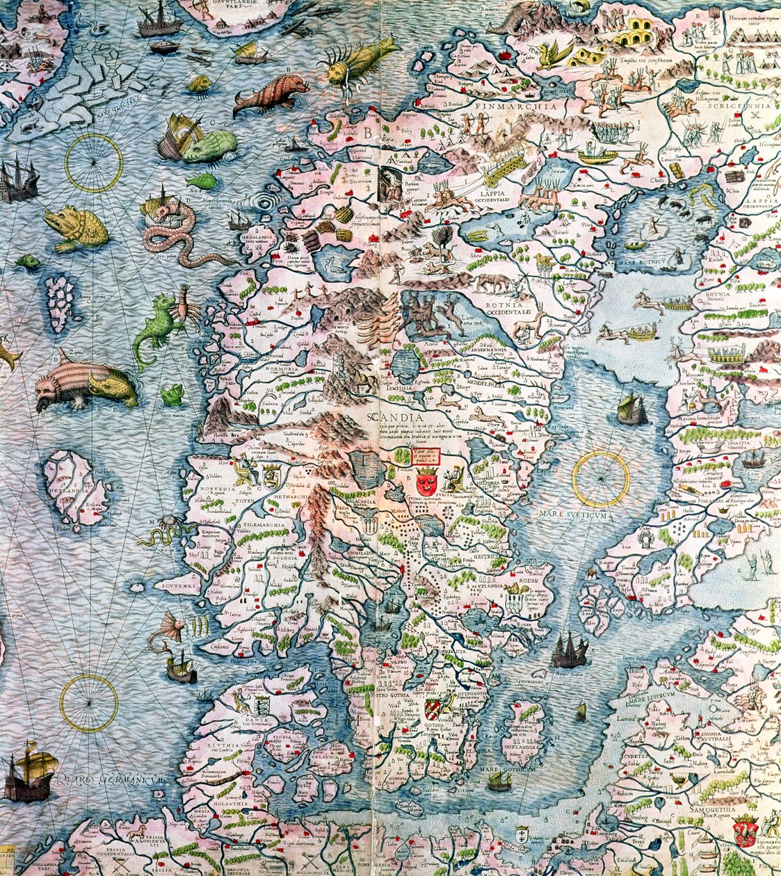 Skandinavien, detalj från Carta Marina da Olaus Magnus, 1572 av Antonio Lafreri