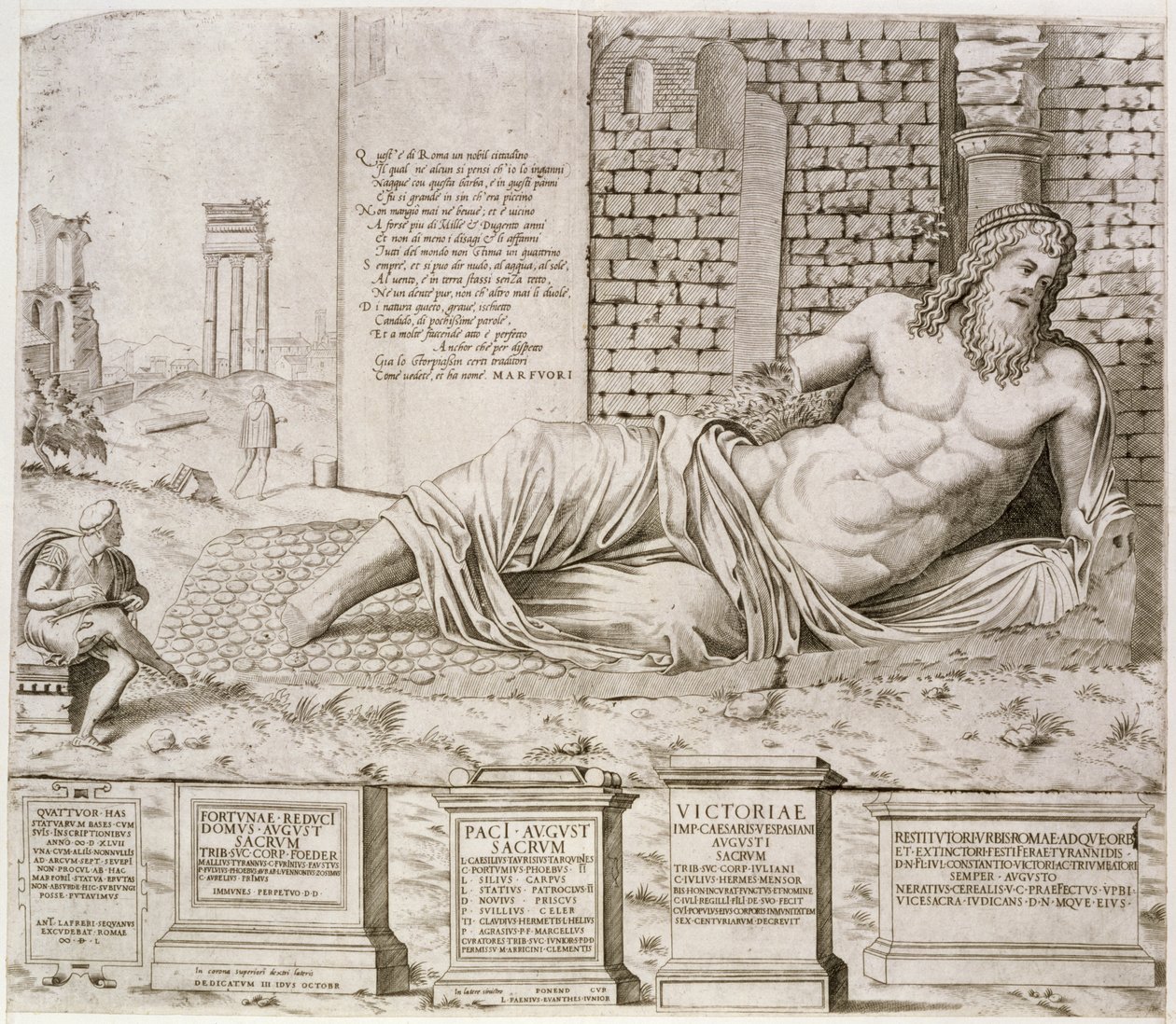 Marforios "talande" staty i Rom, graverad av konstnären, 1550 av Antonio Lafreri