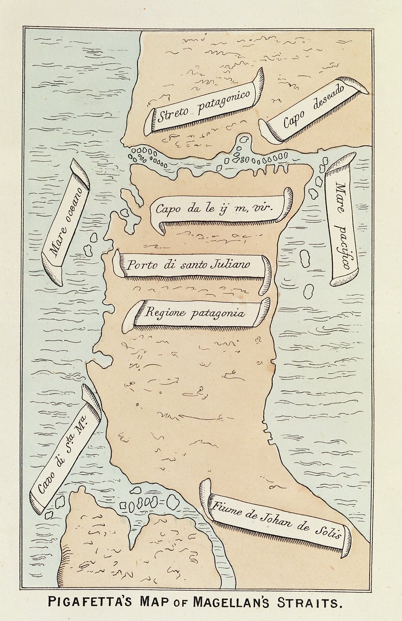 Patagonia och Tierra del Fuego som visar sundet som senare kommer att ta navigatörens namn, från Ferdinand Magellans "Voyage Around the World" av Antonio Pigafetta