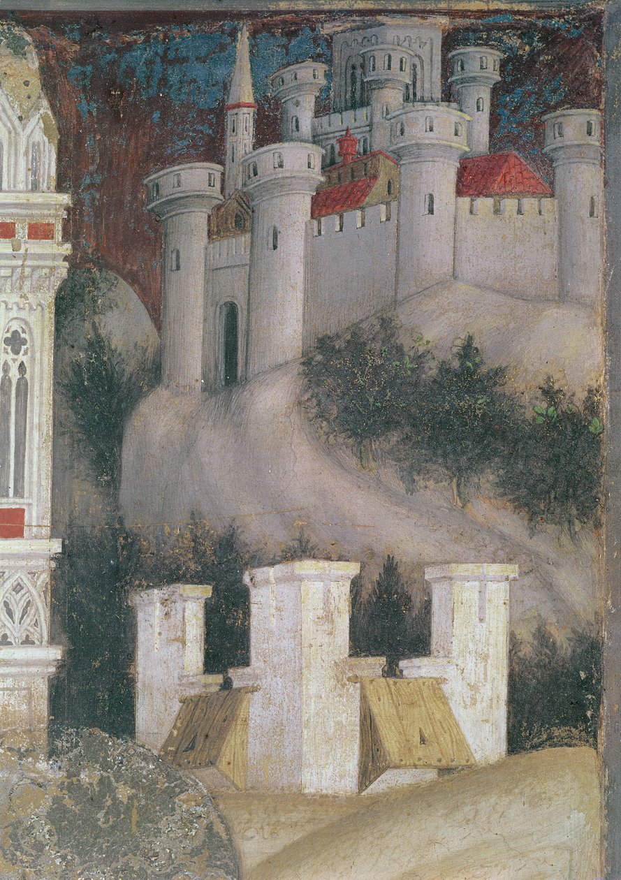 Detalj av arkitekturen till höger om St. George and the Princess of Trebizond, c.1433-38 (detalj av 60797) av Antonio Pisanello