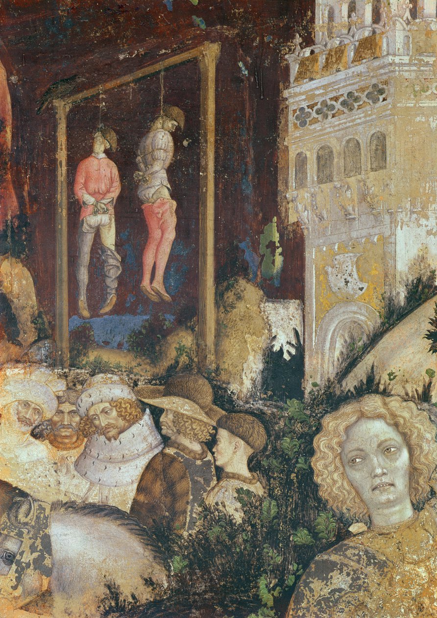 Detalj av galgen till vänster i St George och prinsessan av Trebizond, ca 1433-38 (detalj av 60797) av Antonio Pisanello
