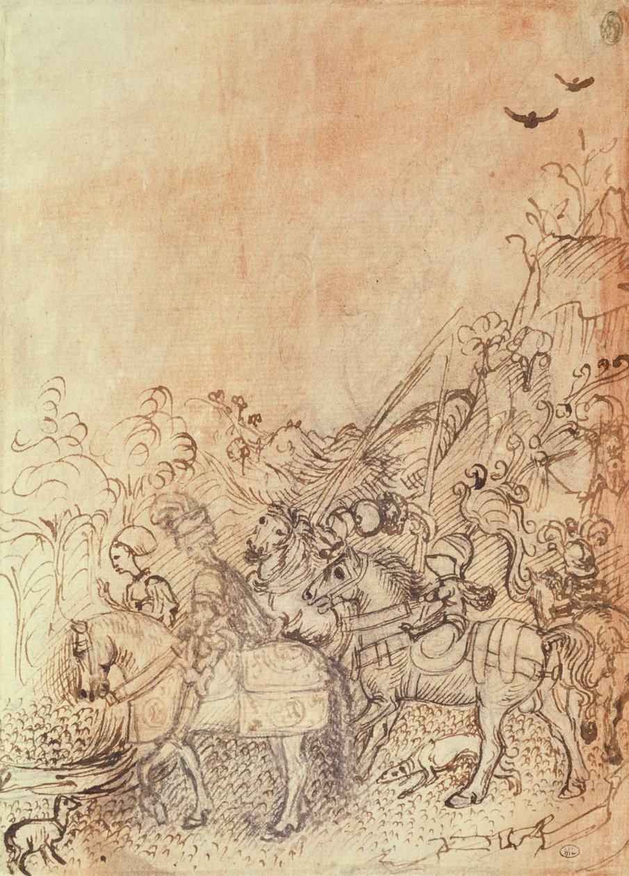John of Gonzague och hans hovmän i ett bergigt landskap, från Vallardi Album av Antonio Pisanello