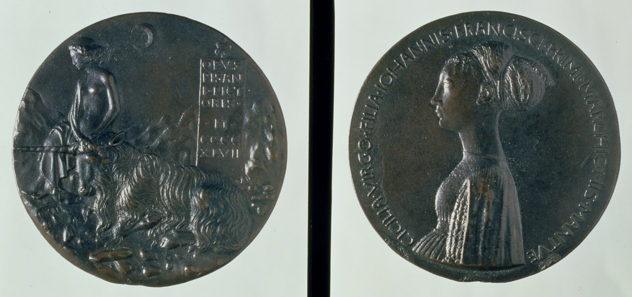 Porträttmedalj, framsidan föreställer Cecilia Gonzaga, baksidan föreställer en kvinnofigur och en enhörning, 1447 (brons). av Antonio Pisanello