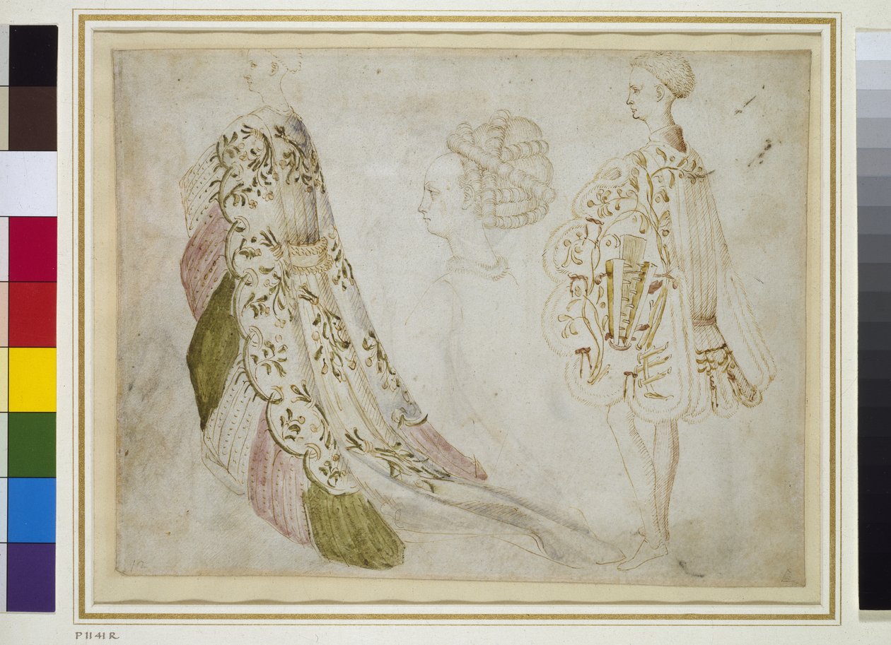 Recto: Kostymstudier (penna och bläck med wc på pergament) av Antonio Pisanello