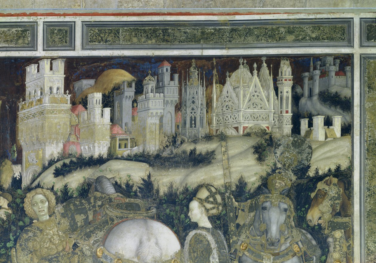 St. George och prinsessan av Trebizond, detalj av staden i bakgrunden, ca 1433-38 av Antonio Pisanello