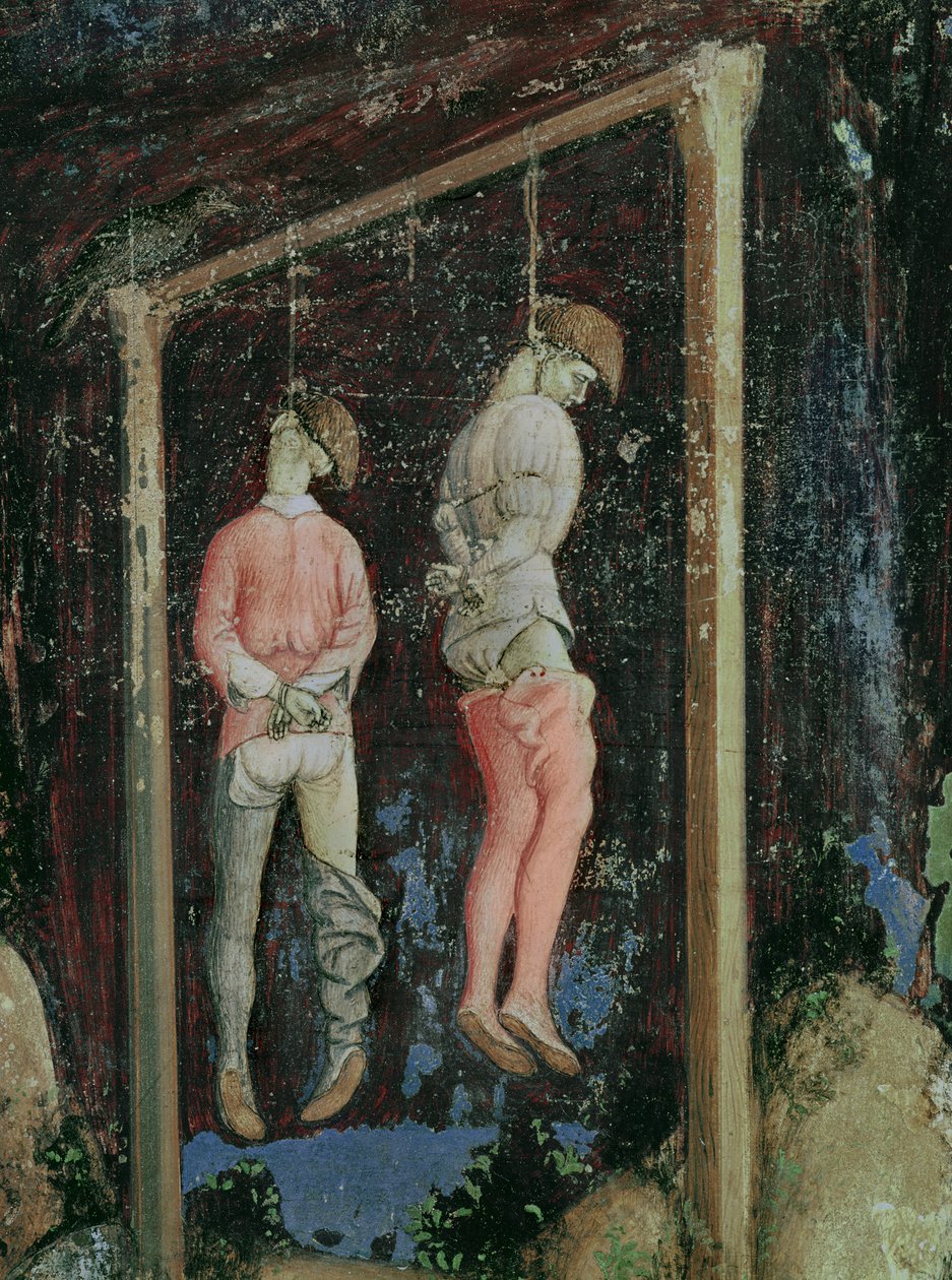 St. George and the Princess of Trebizond, detalj av två hängande män från vänster sida, ca 1433-38 av Antonio Pisanello