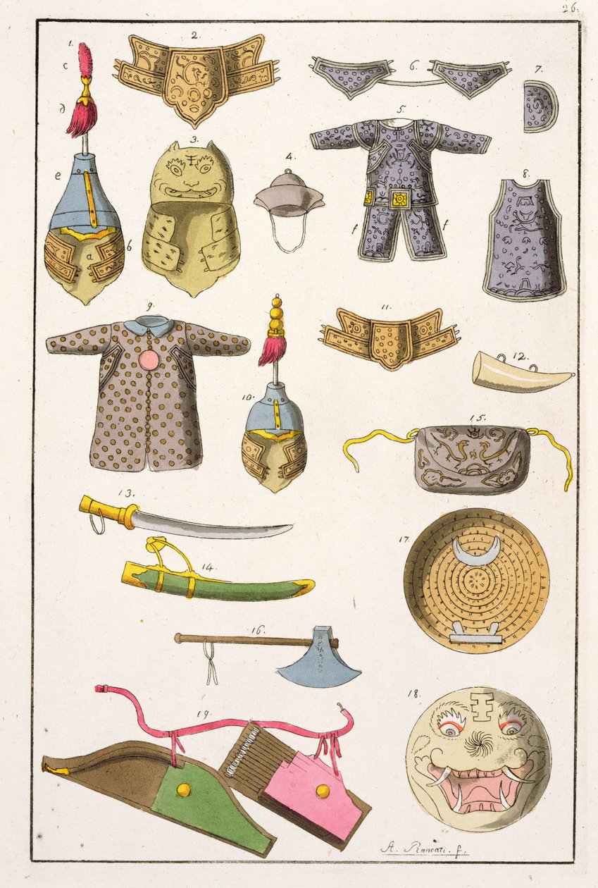 Kinesiska militära vapen och kläder, illustration från "Le Costume Ancien et Moderne" av Giulio Ferrario, publicerad på 1820-30-talen. av Antonio Rancati