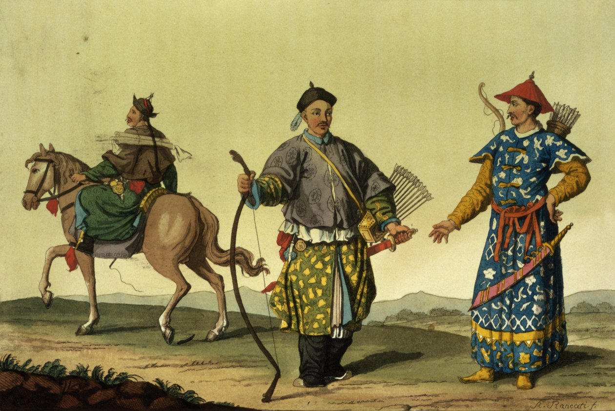 Mongolian Eight Flags-soldater från Chings militära styrkor, graverade av A. Rancati (färggravyr) av Antonio Rancati